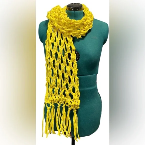 Hand Crafted Yellow Year Round Cotton Knit Chunky Lace Scarf With Tassels - Picture 2 of 5